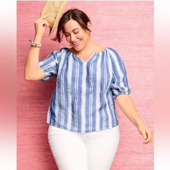 TALBOTS - LINEN POPOVER - DREAMY STRIPE - Medium Petite - Blue and White - Picture 4 of 4